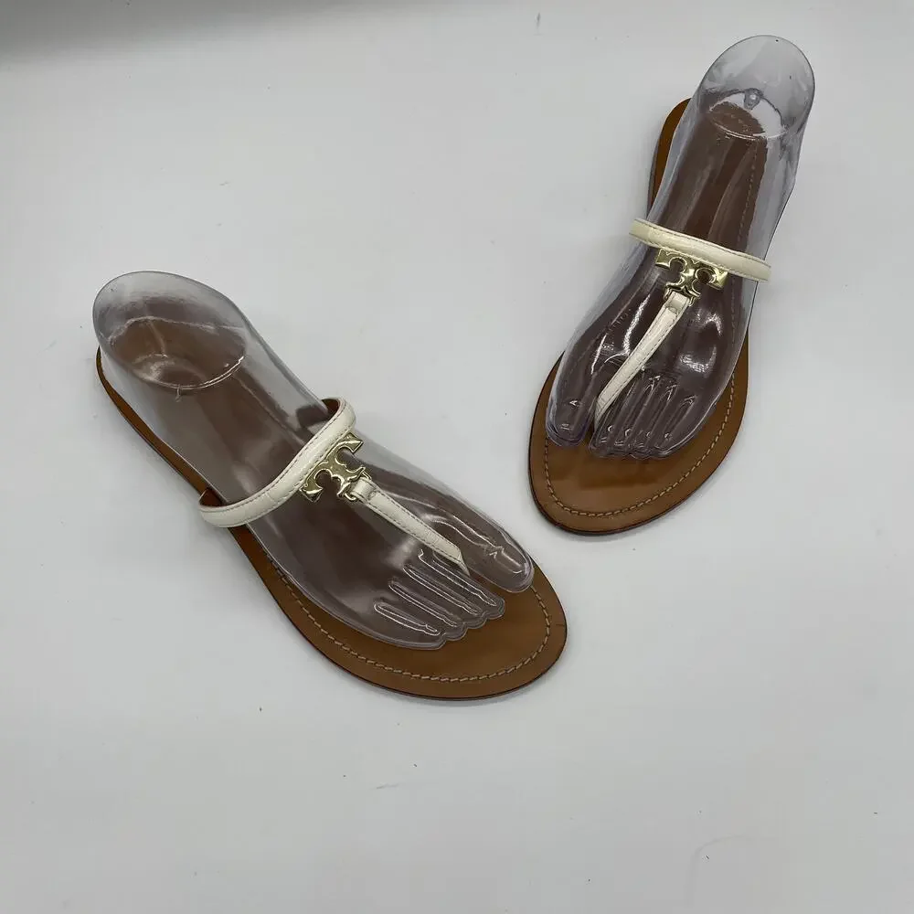 Tory Burch 'T' Logo Leather Thong Sandal - White - 9